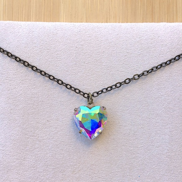 Aurora Borealis + Antique Brass Crystal Heart Drop Pendant Necklace - Picture 4 of 13
